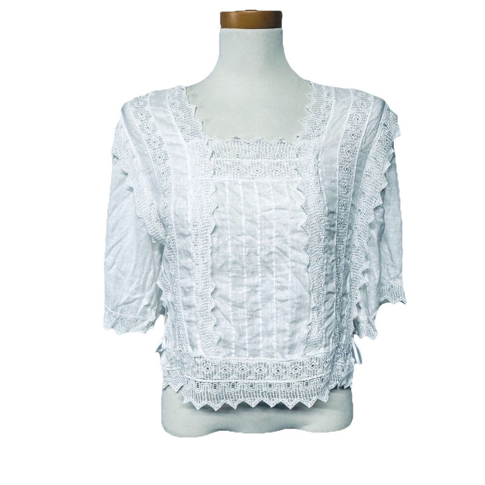 VTG Cloak Of Many Colors Liberty &Lucrezia Lace Irish Linen Crop Blouse Top XS S